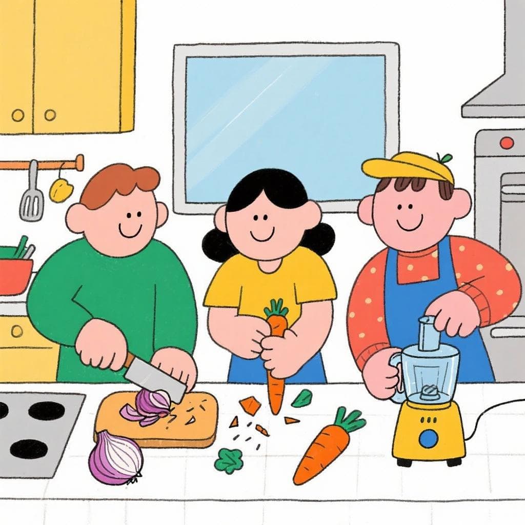The figurative meaning of 'Cada maestrito con su librito', showing three people in a kitchen, each chopping vegetables with their own unique technique.