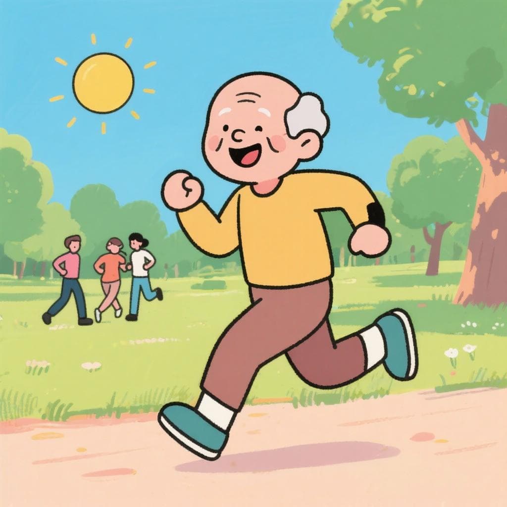 The actual meaning of the idiom, showing an energetic elderly person who is clearly in great health.