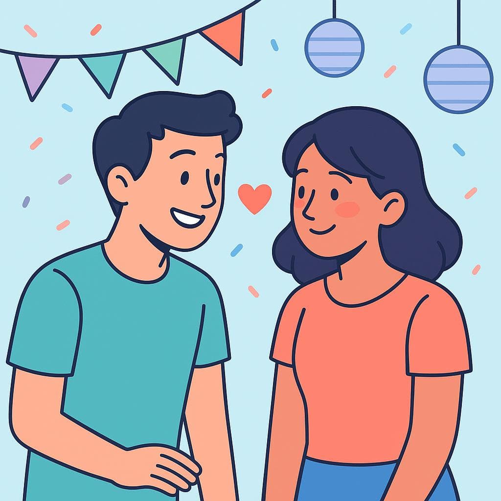 The figurative meaning of 'le tiró los galgos', showing a person flirting with another at a party.