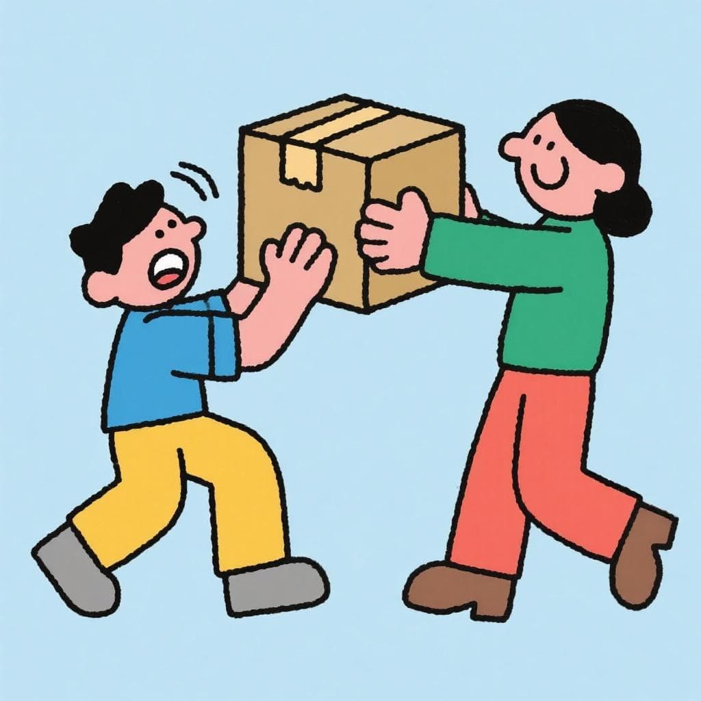 The actual meaning of 'echar una mano', showing one person helping another carry a heavy box.