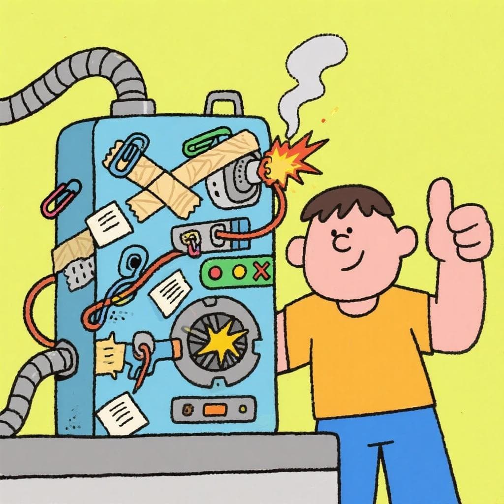 The actual meaning of 'atar con alambre', showing a person proudly presenting a poorly fixed machine that is sputtering.