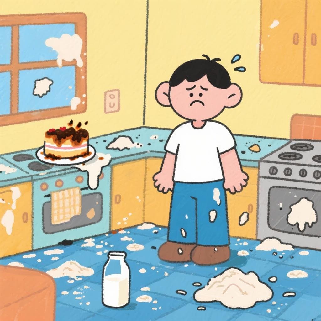 The actual meaning of 'no dar pie con bola', showing a person messing everything up in a kitchen.