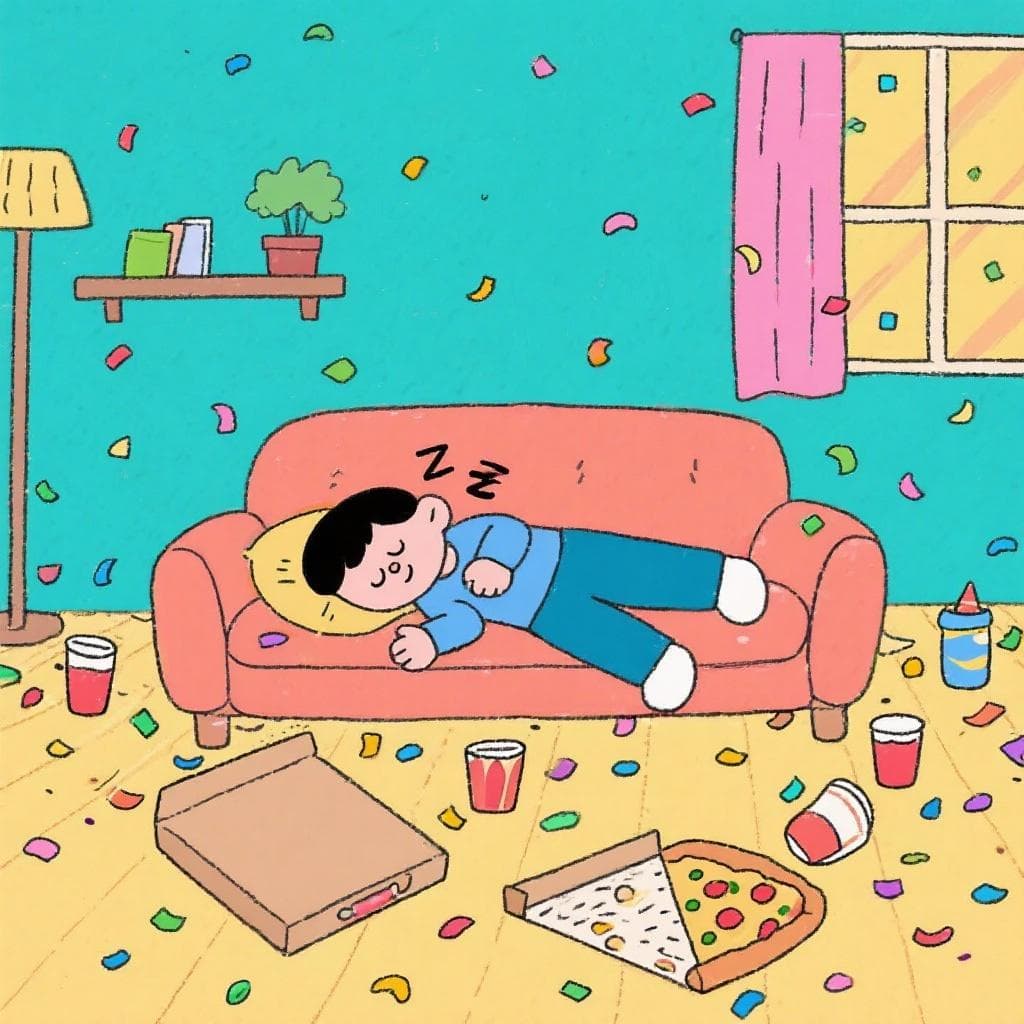 The actual meaning of 'dormir la mona', showing a person passed out on a couch in a messy room after a party.