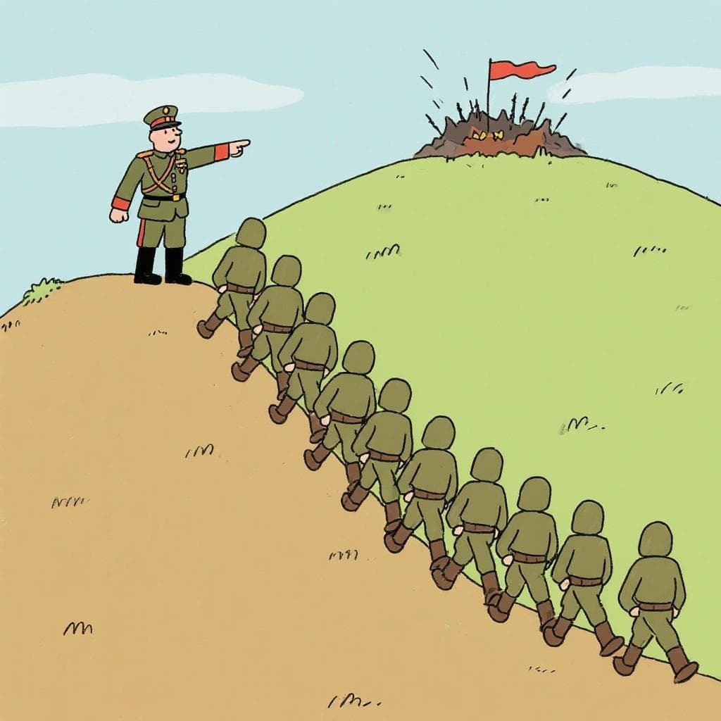 The actual meaning of 'carne de cañón', showing a line of simple, faceless soldiers marching towards danger as a general watches from afar.