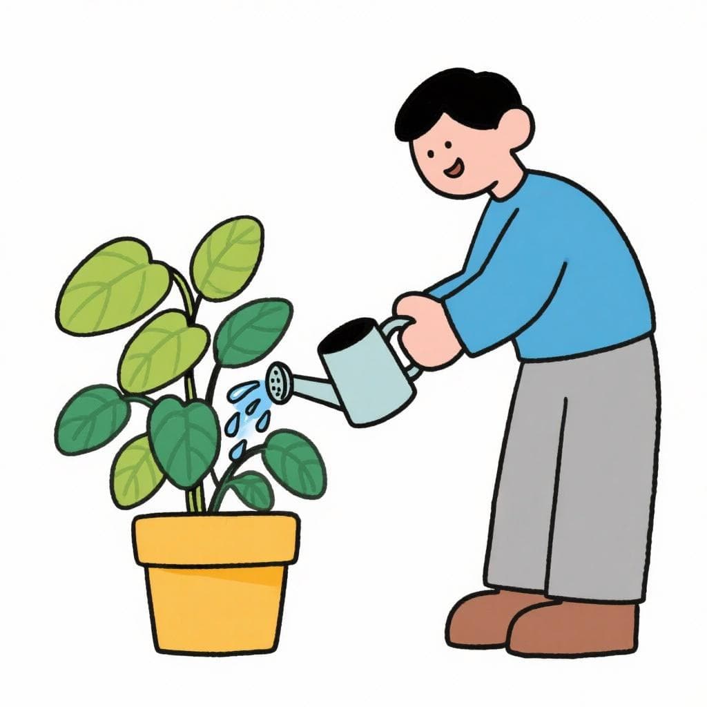 The figurative meaning of the idiom: a person finding the right balance by watering a plant moderately.
