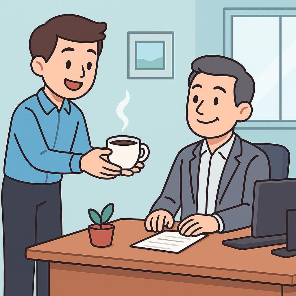 The figurative meaning of 'hacer buena letra', showing an employee being overly helpful to their boss.