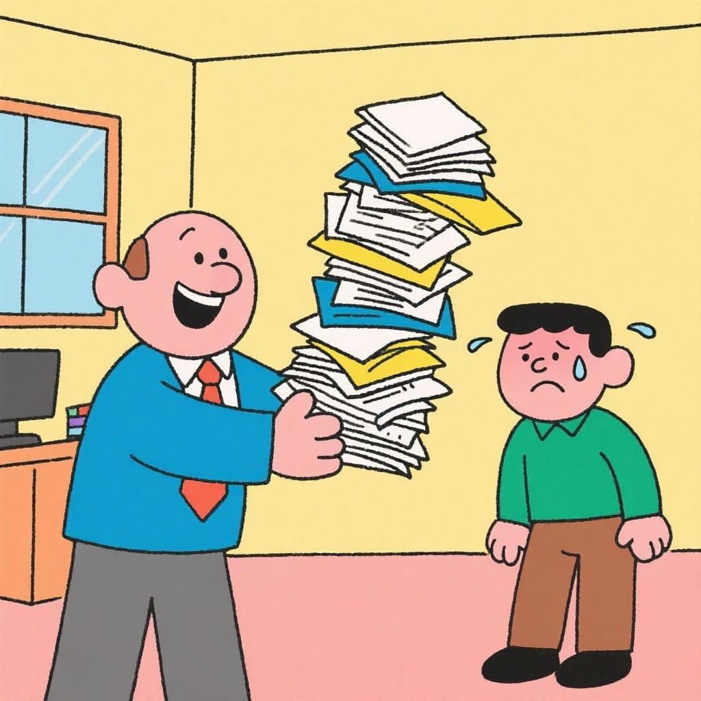 An office worker looking stressed as their boss hands them a huge stack of paperwork and walks away.