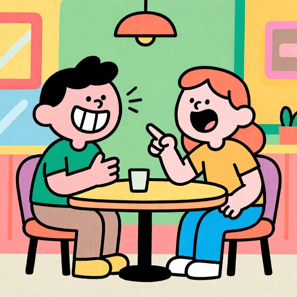 The actual meaning of 'tomar el pelo', showing two friends laughing as one tells a playful, unbelievable story.