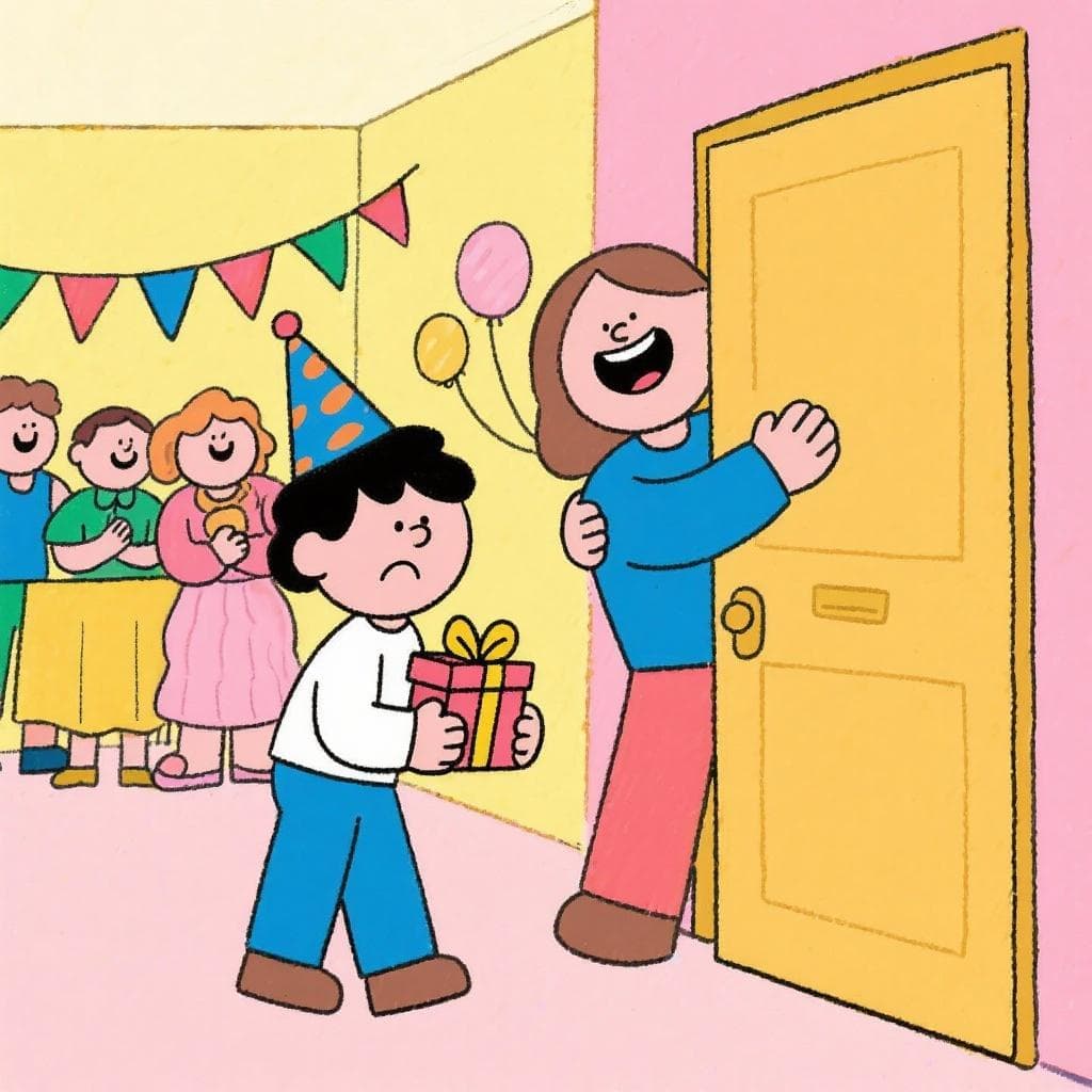 The actual meaning of 'Más vale tarde que nunca', showing someone arriving late to a party but being welcomed warmly.