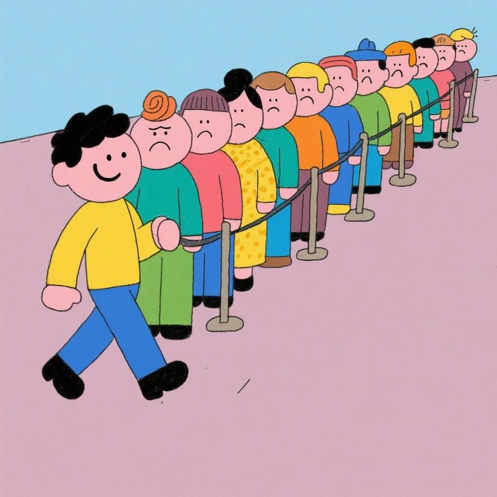 The figurative meaning of 'tener mucho morro', showing a person shamelessly cutting in front of a long line of people.