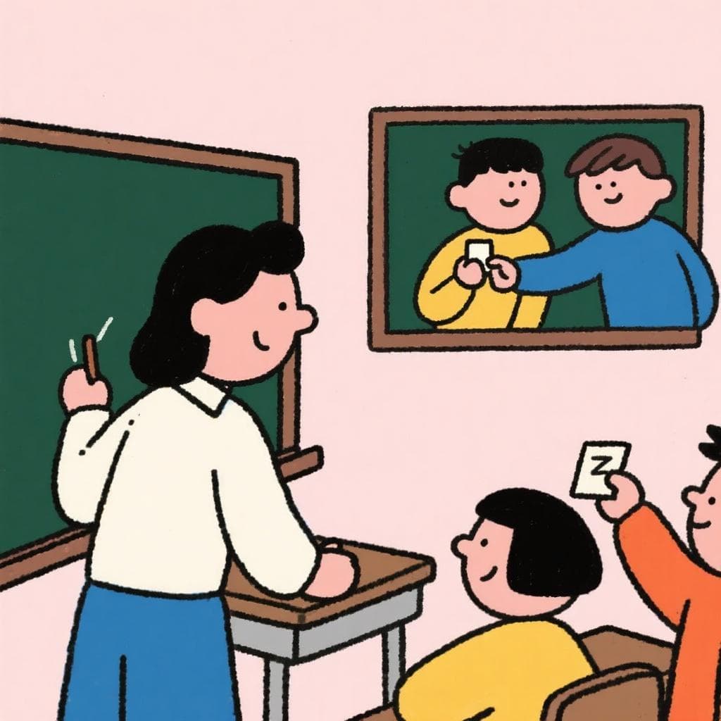 The actual meaning of 'hacer la vista gorda', showing a teacher intentionally ignoring a student passing a note.