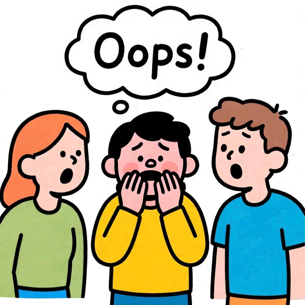 The actual meaning of 'meter la pata', showing a person looking embarrassed after saying something awkward in a social situation.