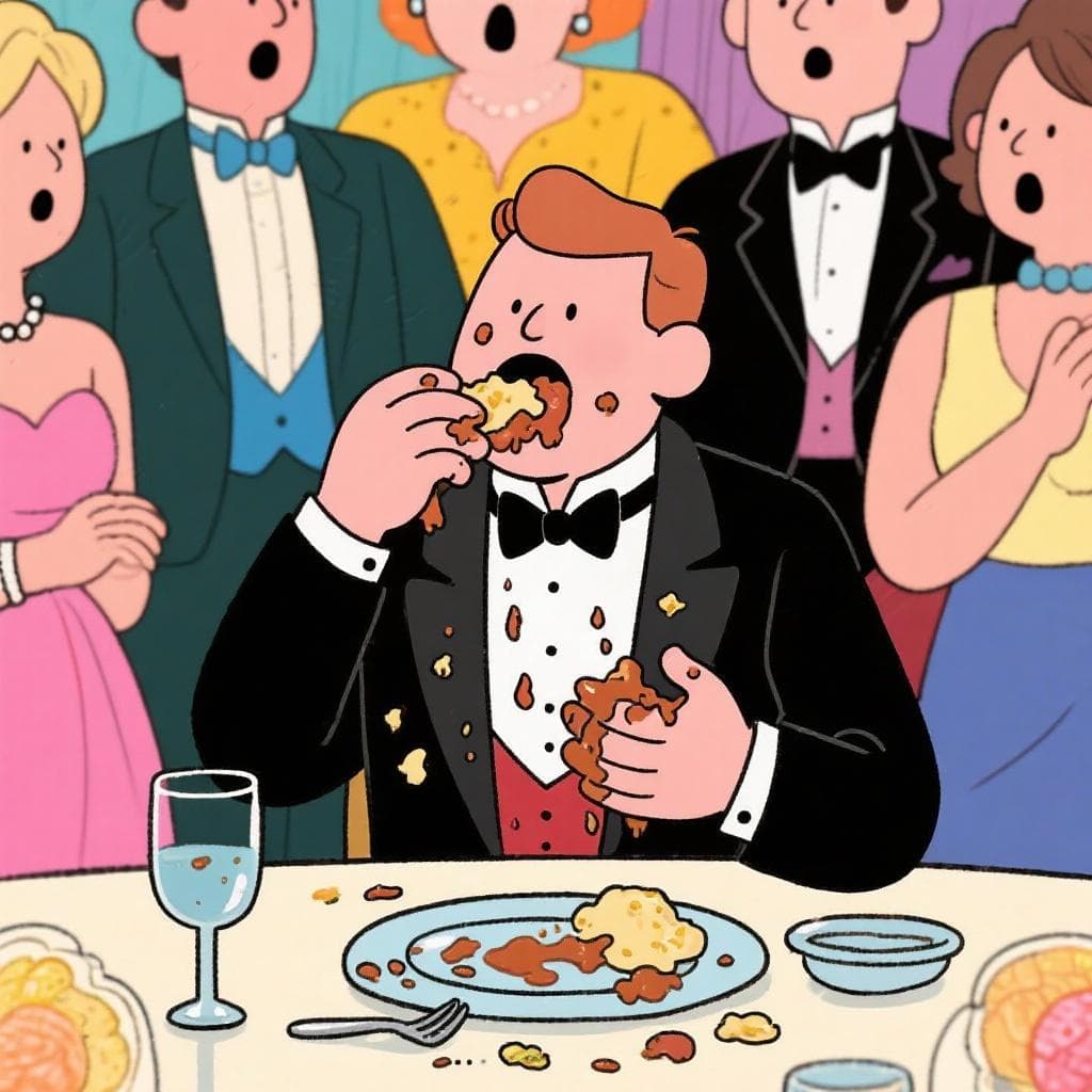 The actual meaning of the idiom, showing a person with crude manners failing to fit in at a formal event despite being well-dressed.