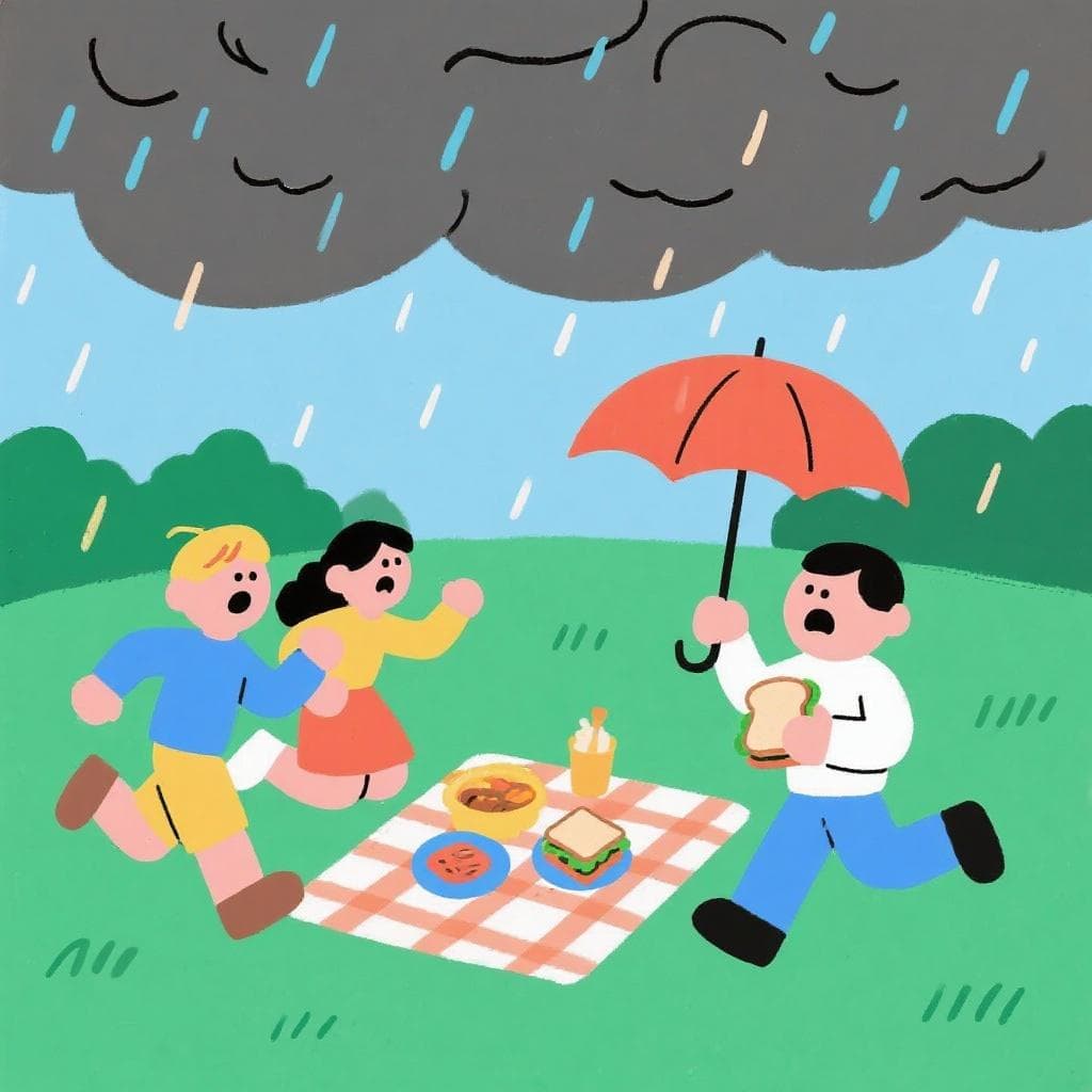 The practical meaning of the idiom, showing a person with an umbrella while others get caught in the rain.