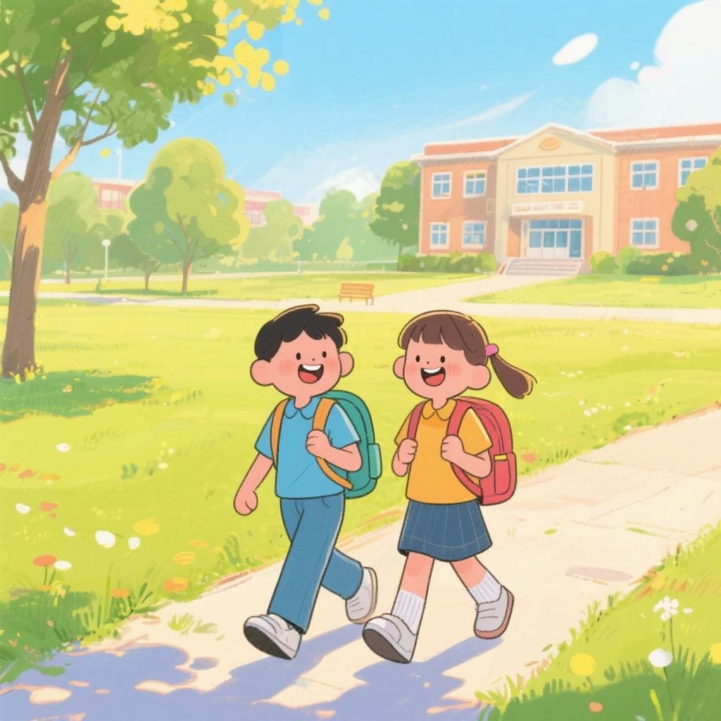 The actual meaning of 'hacer novillos', showing two students with backpacks having fun in a park instead of being at school.