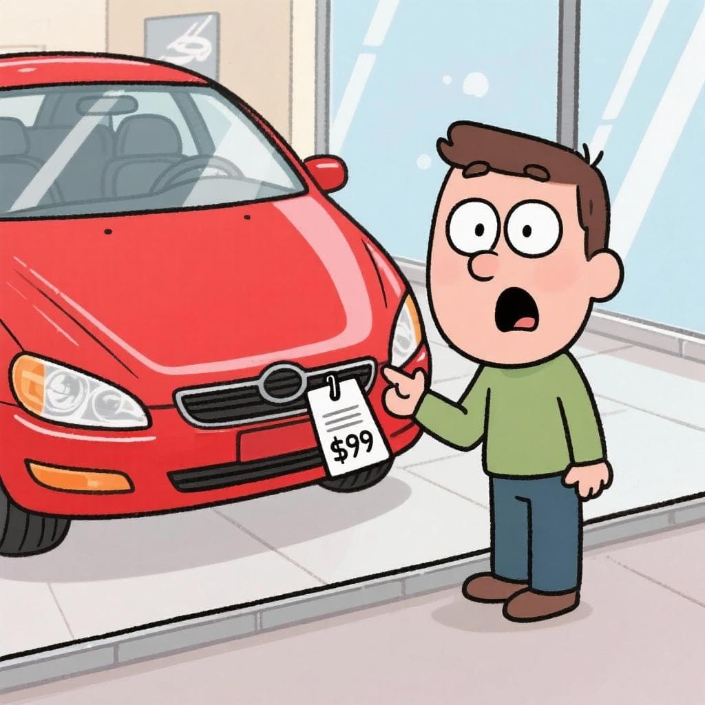 The figurative meaning of 'costar un ojo de la cara', showing a person shocked by the high price of a car.