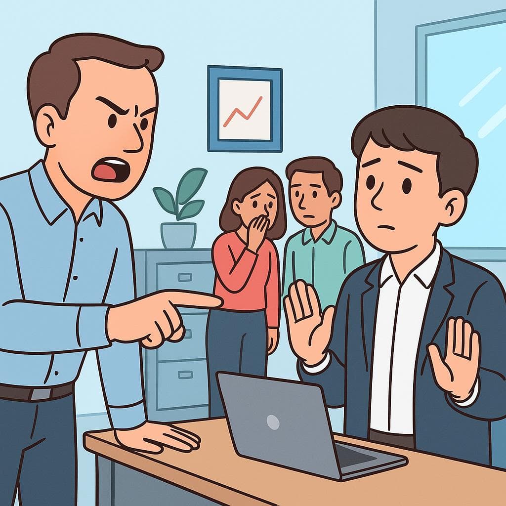 The figurative meaning of 'pagar los platos rotos', showing an innocent employee being blamed by a manager while others look on.