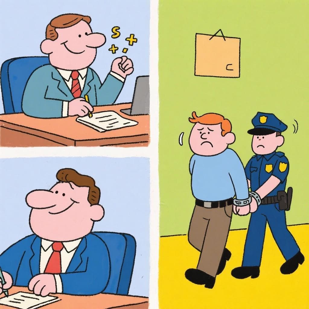 The figurative meaning of the idiom, showing a corrupt businessman being led away in handcuffs from his fancy office.