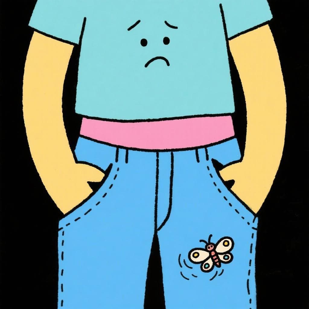 The actual meaning of 'estar sin blanca', showing a person with empty pockets, indicating they have no money.