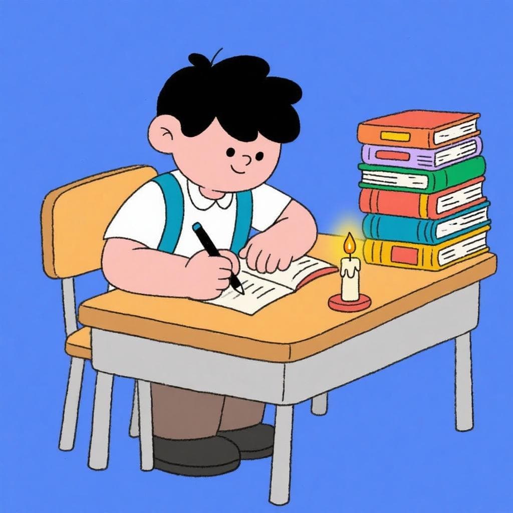 The figurative meaning of the idiom, showing a student studying hard while also having a small prayer candle on their desk.