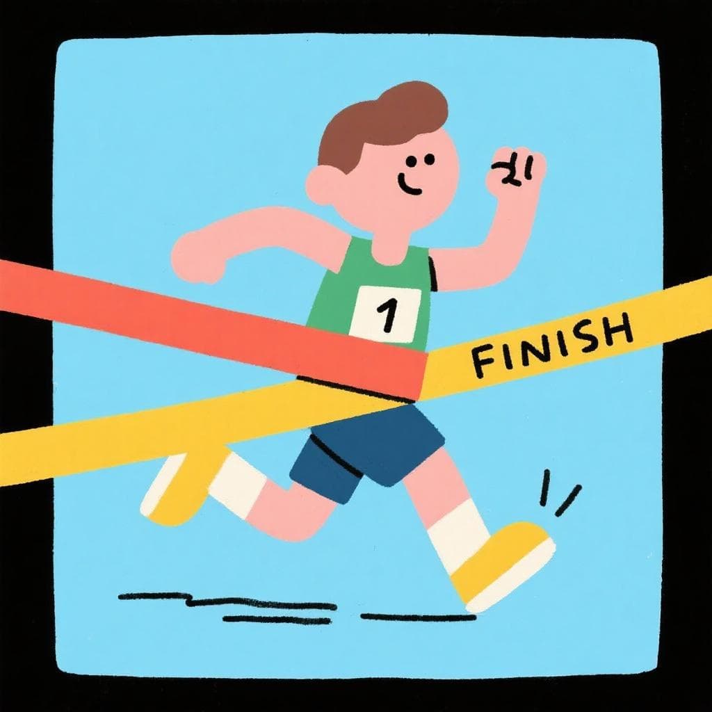 The actual meaning of 'ya merito', showing a runner just about to cross the finish line.