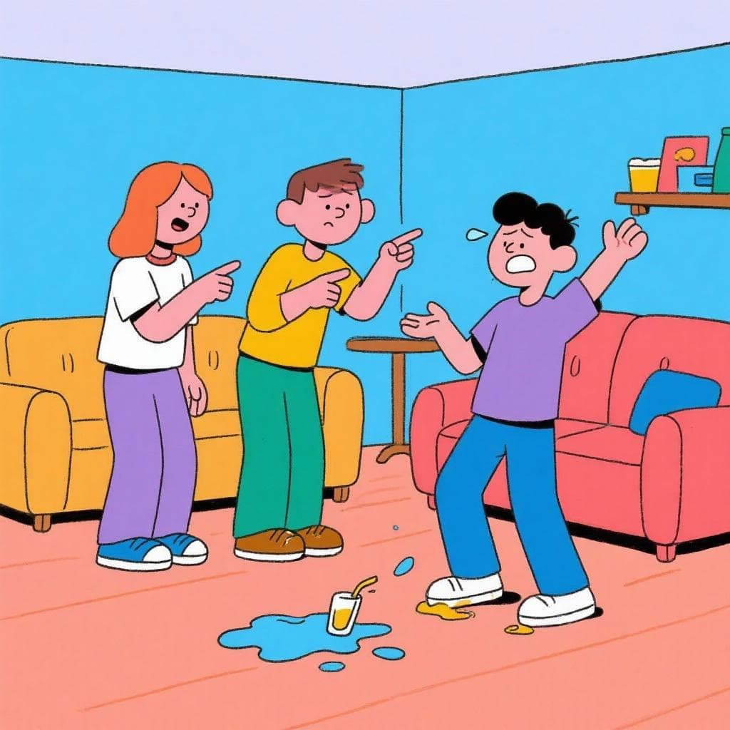 The figurative meaning of 'cría fama y ponte a dormir', showing a person known for being messy, and their friends automatically blaming them for a small spill.