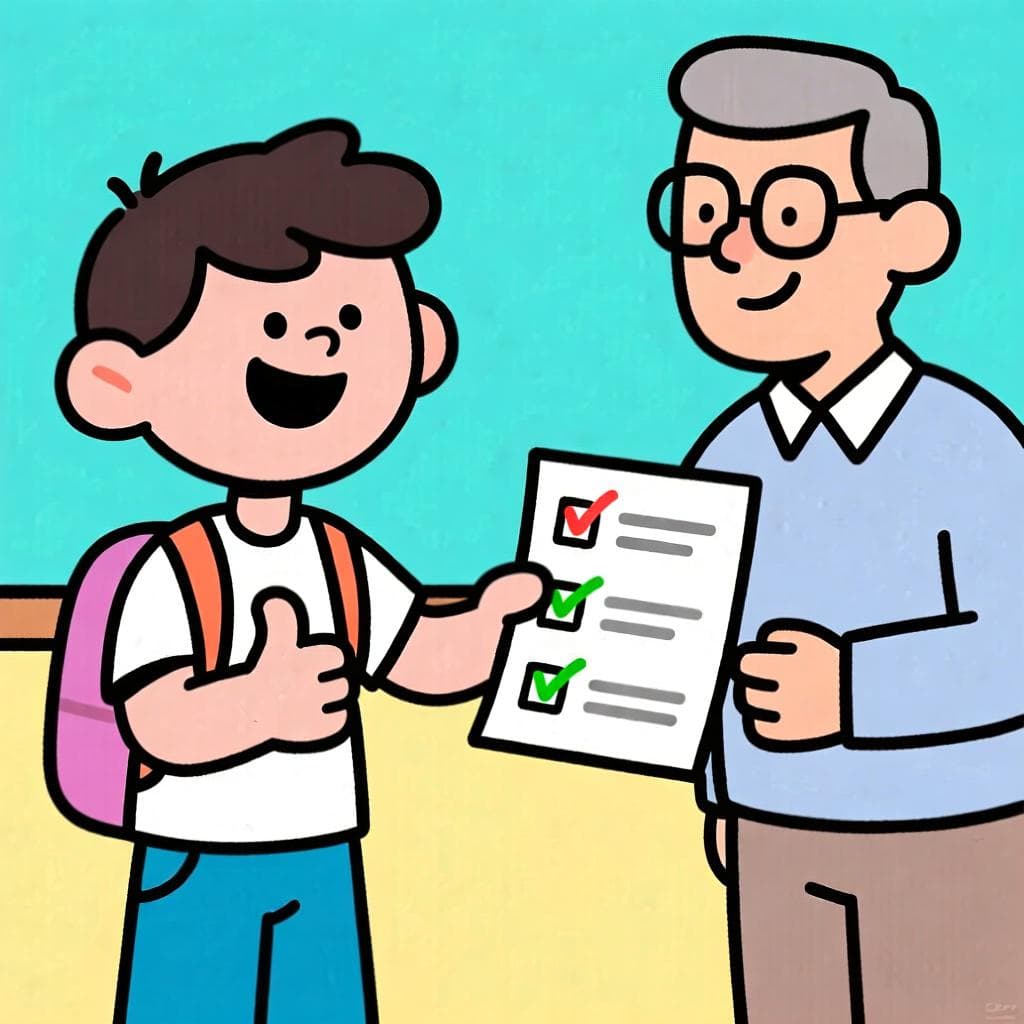 The figurative meaning of 'ser pan comido', showing a student smiling confidently after finishing an easy test.