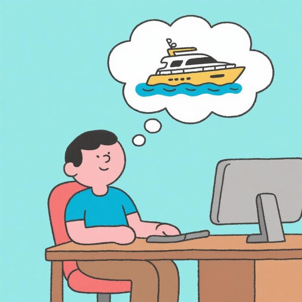 The figurative meaning of 'castillos en el aire', showing a person daydreaming about being rich while at work.