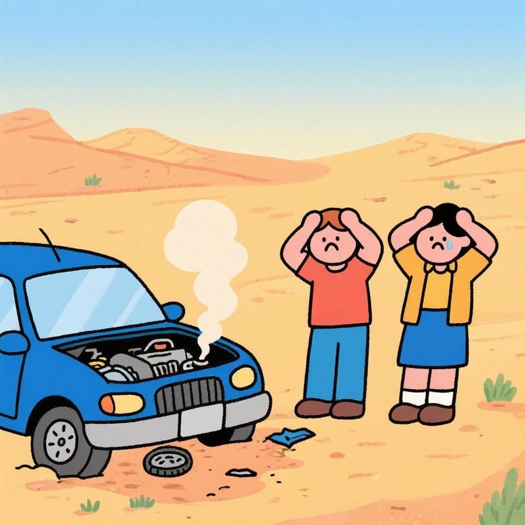 The figurative meaning of being in a hopeless situation, showing two people with a broken-down car in a desert.