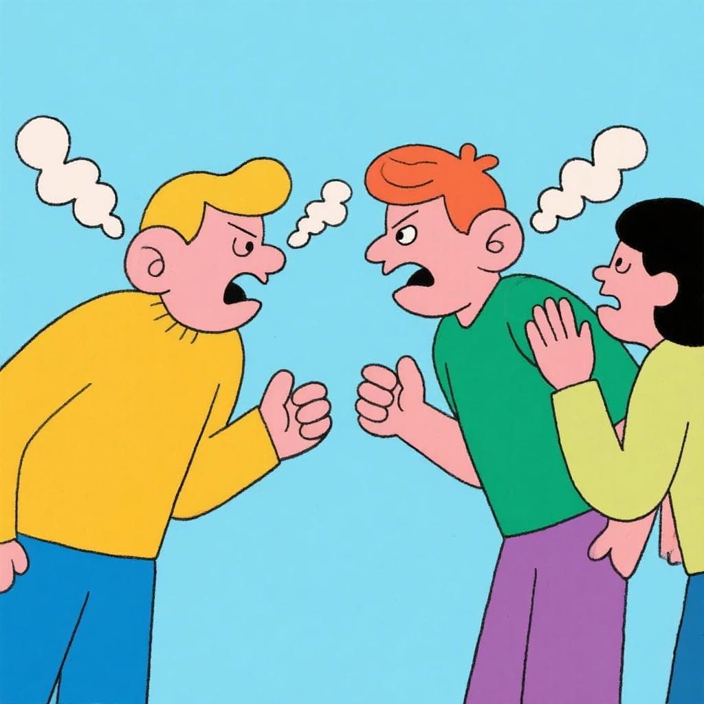 The figurative meaning of 'echar leña al fuego', showing two people arguing while a third person's comment makes them angrier.