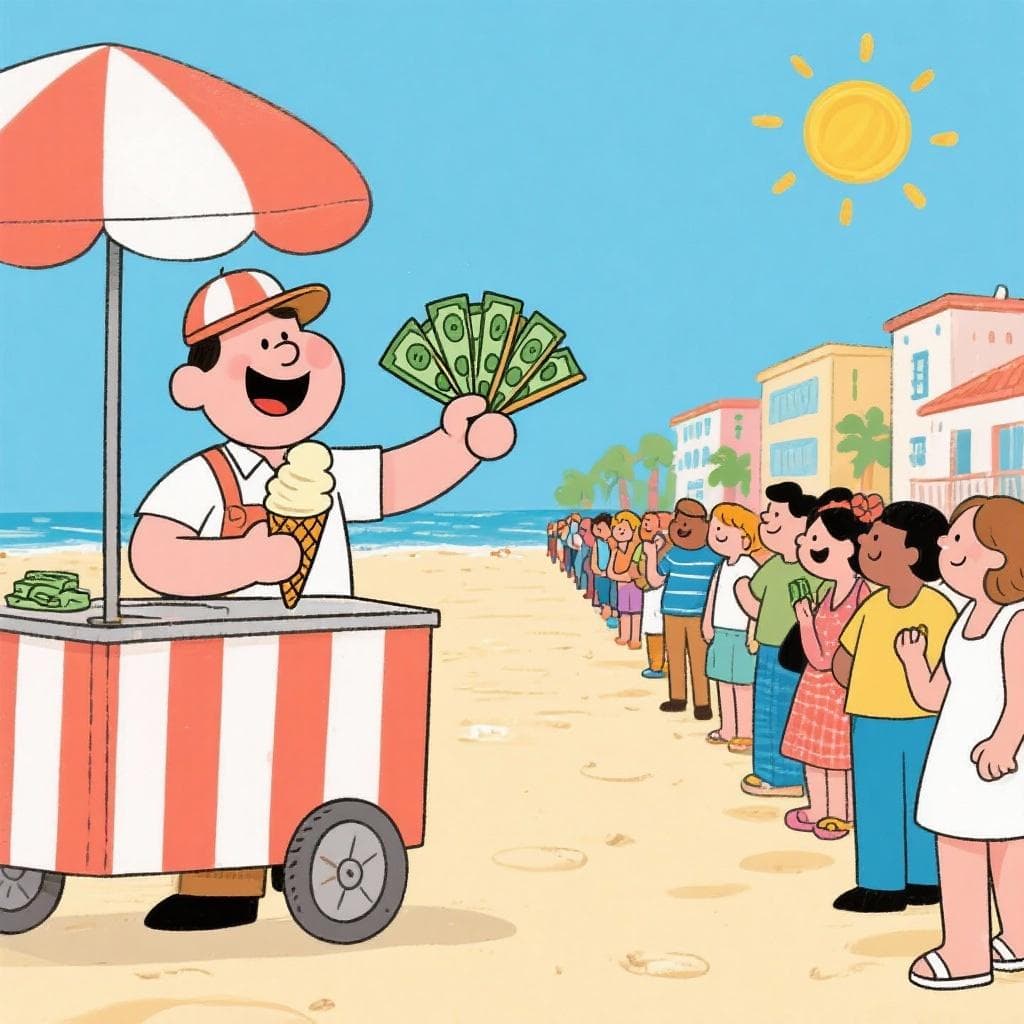 The figurative meaning of 'hacer el agosto', showing a beachside shop owner happily counting a fan of money with a long line of tourists.