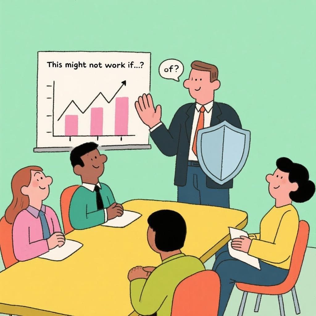 The figurative meaning of 'abrir el paraguas', showing someone in a meeting preemptively explaining why a project might fail.