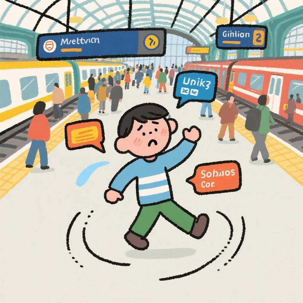 The actual meaning of 'andar como bola sin manija', showing a flustered person in a busy environment, not knowing where to go.