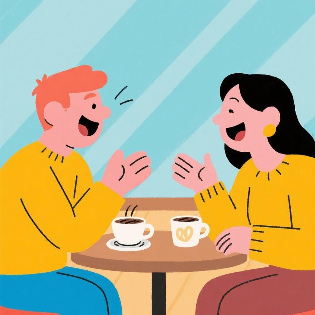 The actual meaning of 'hacer buenas migas', showing two new friends chatting and laughing together comfortably.