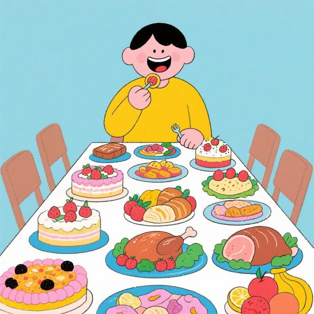 A person sitting at a table piled high with delicious food, eating happily.