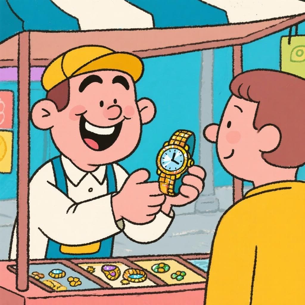 The figurative meaning of 'dar el gatazo', showing a customer admiring a fake luxury watch from a street vendor.