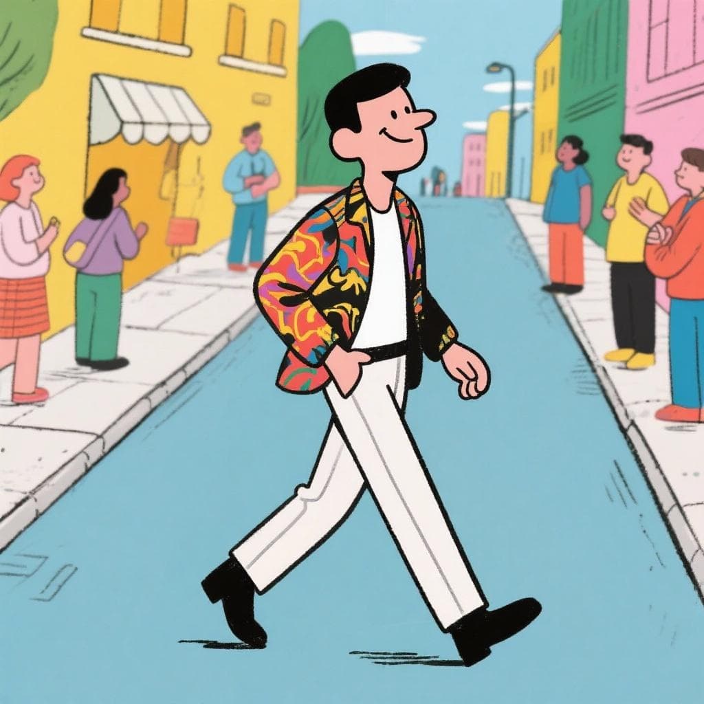 The actual meaning of 'ser más chulo que un ocho', showing a person walking with a confident, almost arrogant strut.