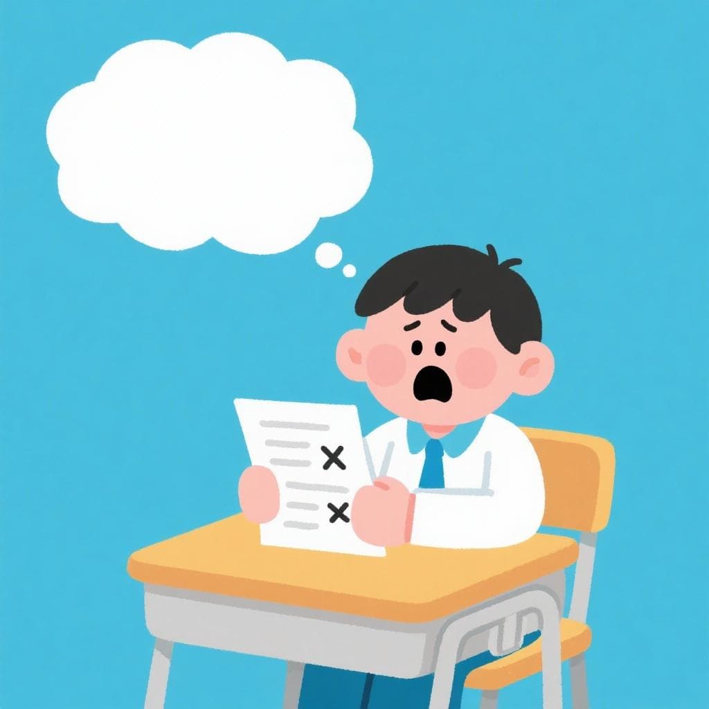 The actual meaning of 'quedarse en blanco', showing a student looking stressed during an exam with an empty thought bubble.