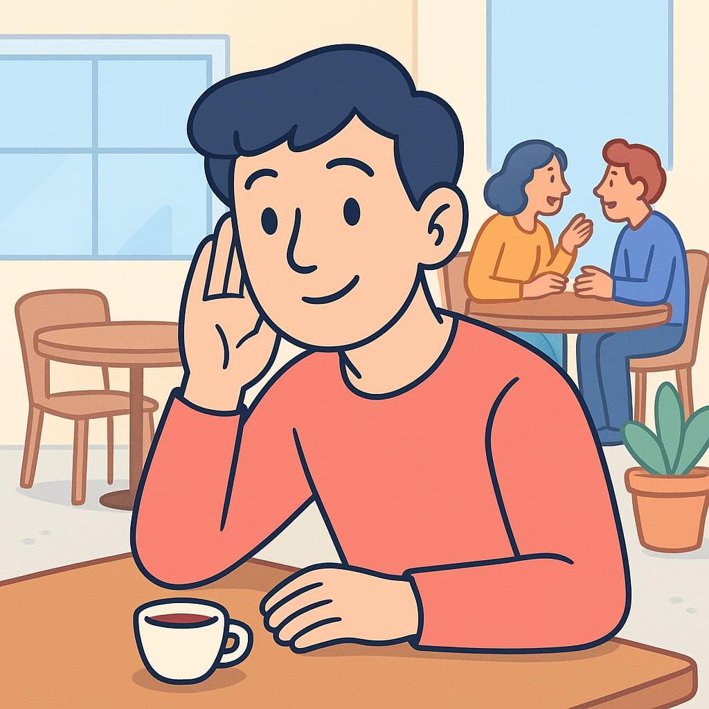 The actual meaning of 'parar la oreja', showing a person secretly listening to a conversation happening nearby.