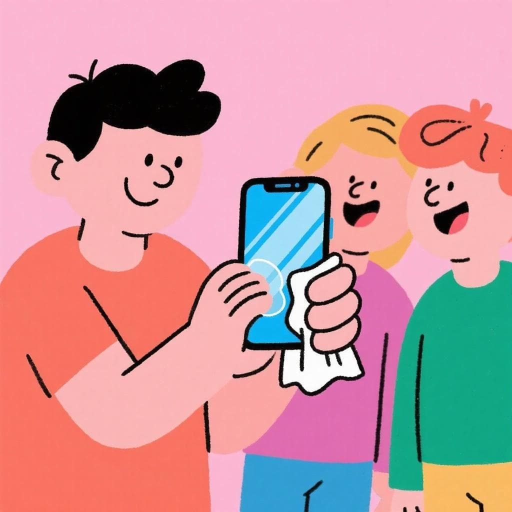 A person showing off their new smartphone to friends, polishing it and treating it with extreme care.