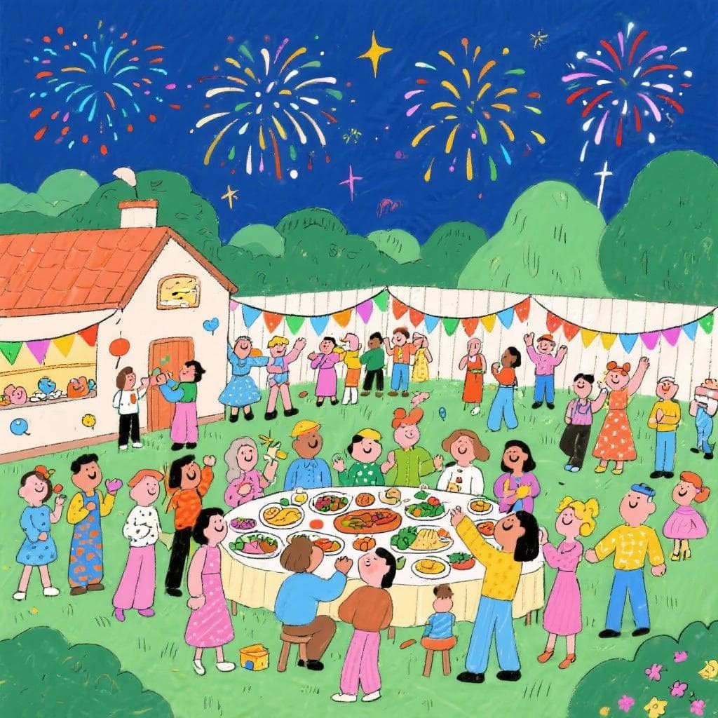 The actual meaning of 'tirar la casa por la ventana', showing a lavish party with lots of guests and decorations.