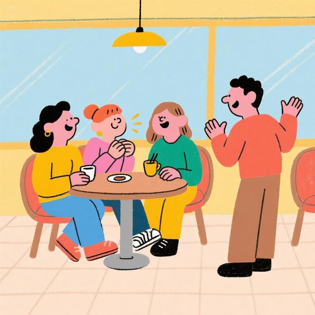 The figurative meaning of 'meter baza', showing a group of friends talking and one person joining the conversation.