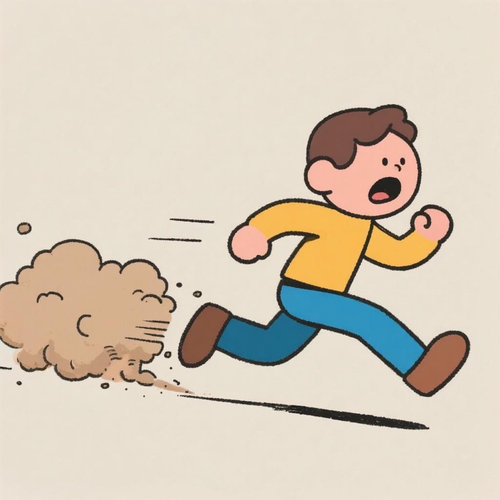 The figurative meaning of 'poner pies en polvorosa', showing a person running away at high speed, kicking up a large cloud of dust behind them.