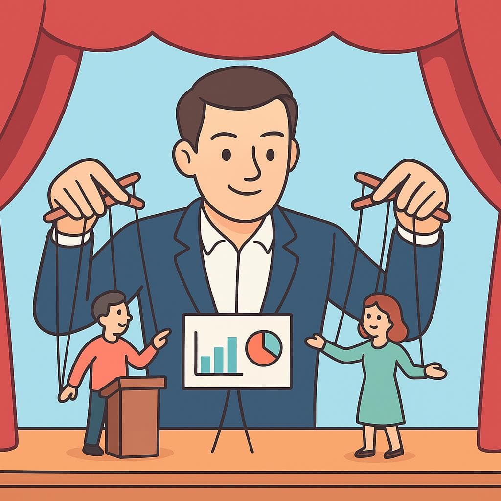 The figurative meaning of 'mover los hilos', showing a person secretly controlling others like a puppeteer.