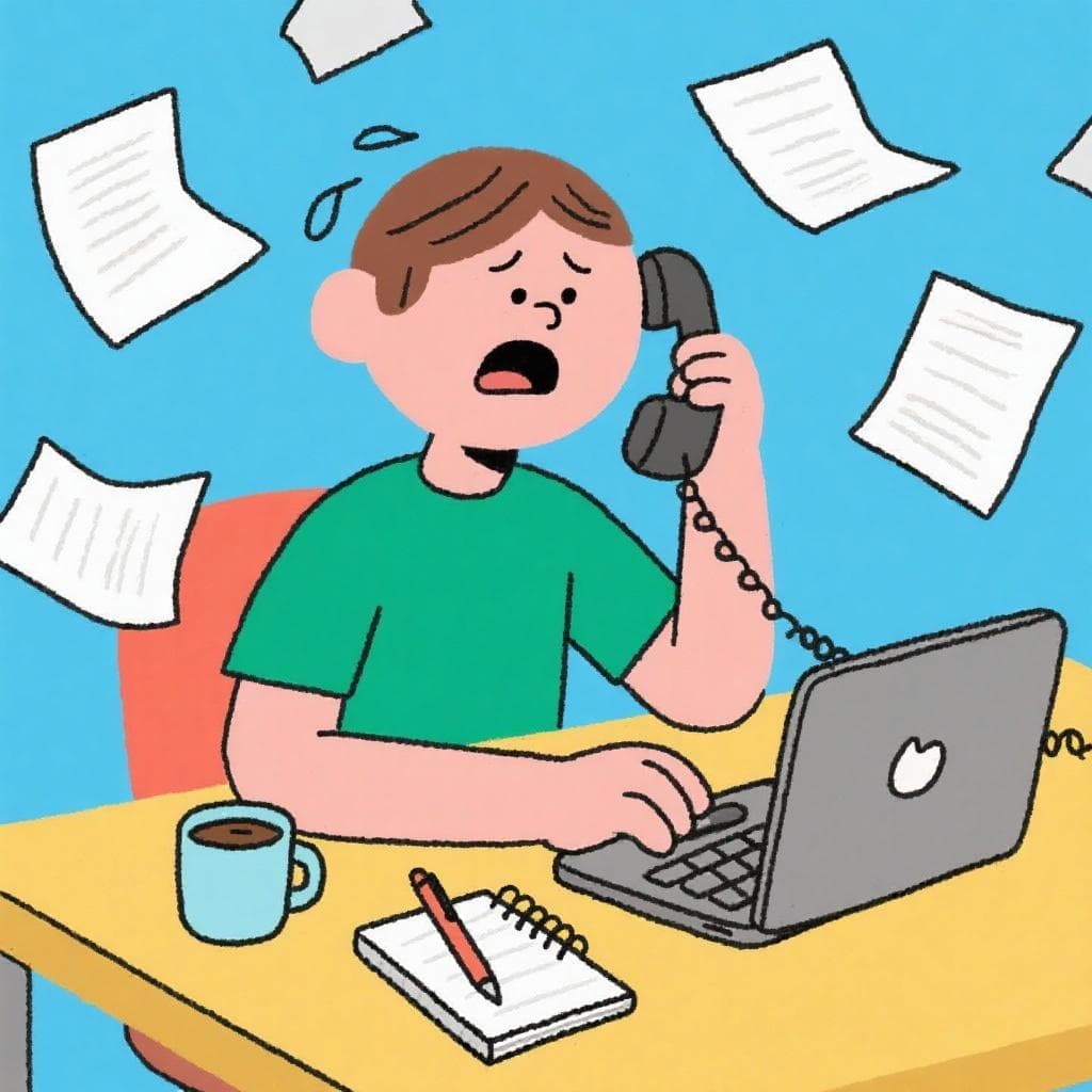 The figurative meaning of 'Quien mucho abarca poco aprieta', showing a stressed person trying to juggle too many tasks at once.