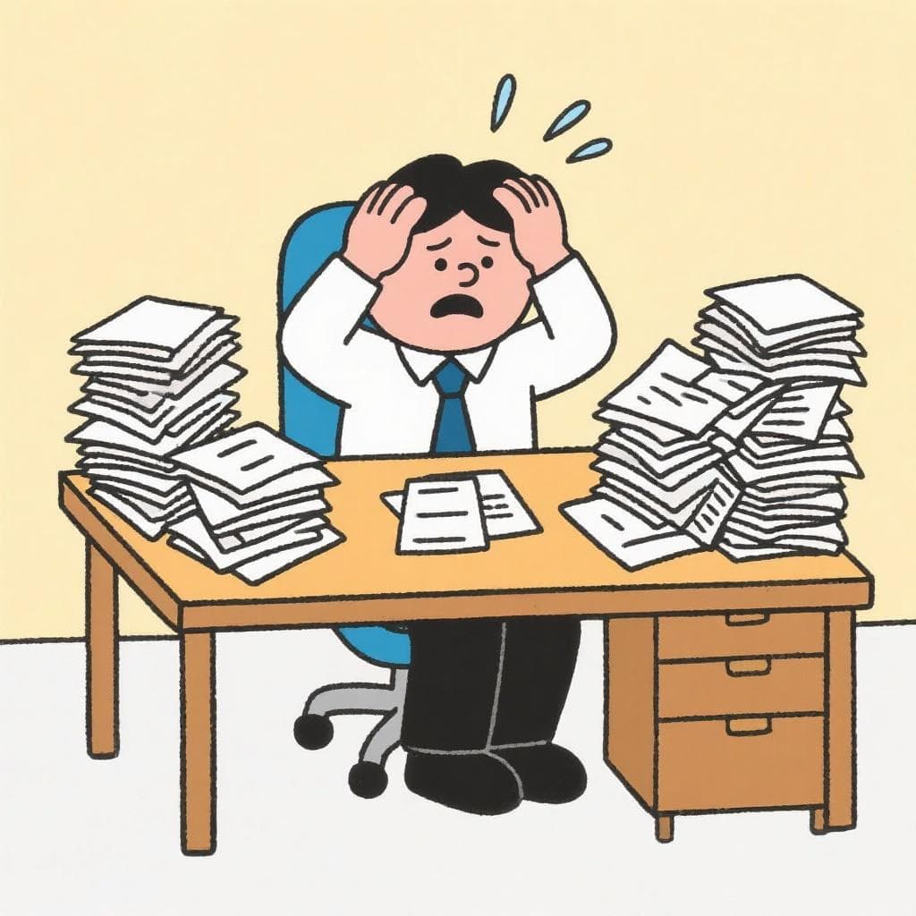 The figurative meaning of 'estar hasta las narices', showing a frustrated person at a desk piled high with paperwork.