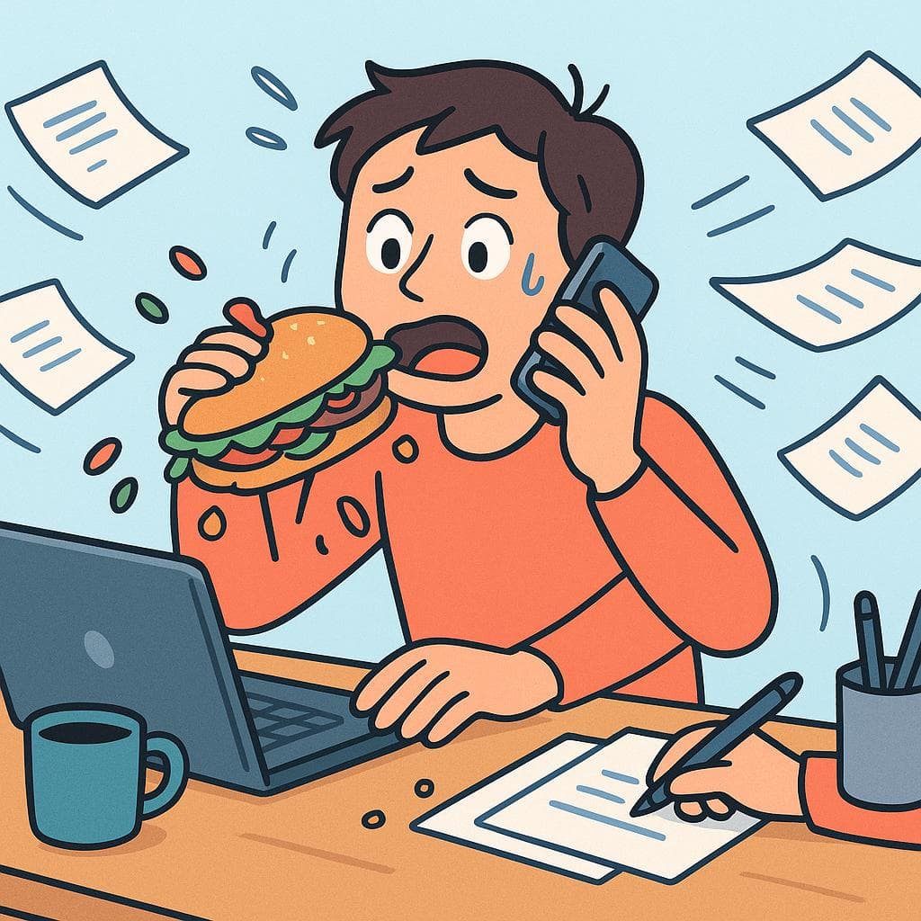 The figurative meaning, showing a stressed person juggling multiple tasks at a desk and failing at all of them.