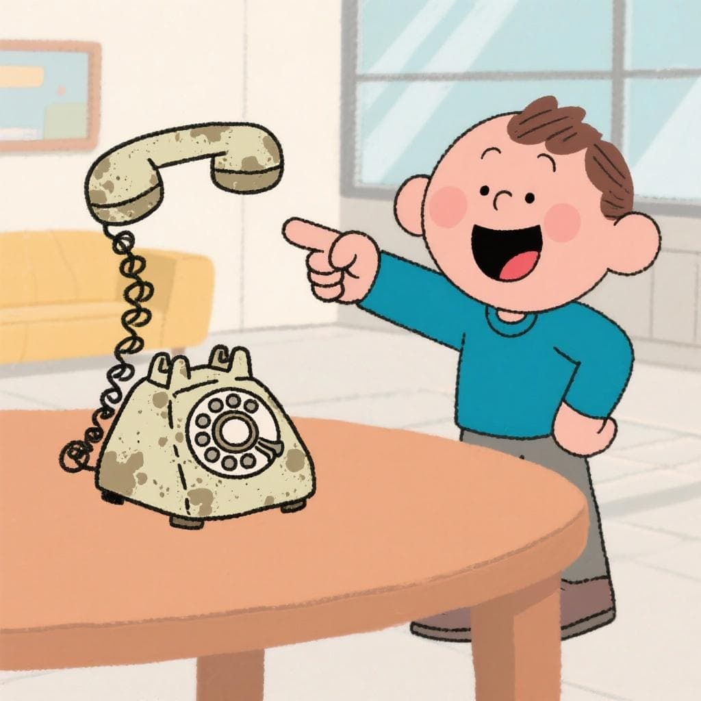 The figurative meaning, showing a person pointing to a very old, dusty, antique telephone in a modern room.