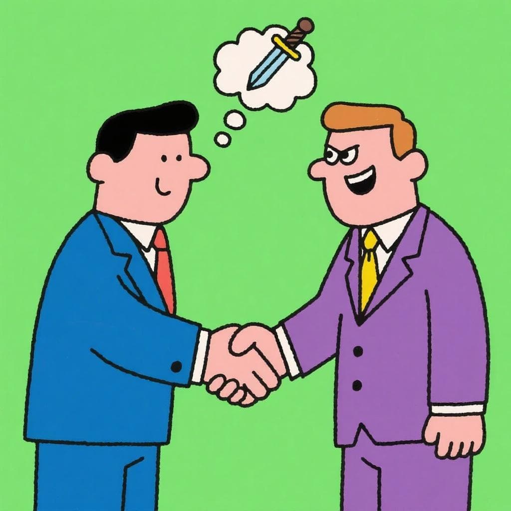 The figurative meaning, showing two businessmen shaking hands, with one having suspicious eyes and a hidden, malicious thought.