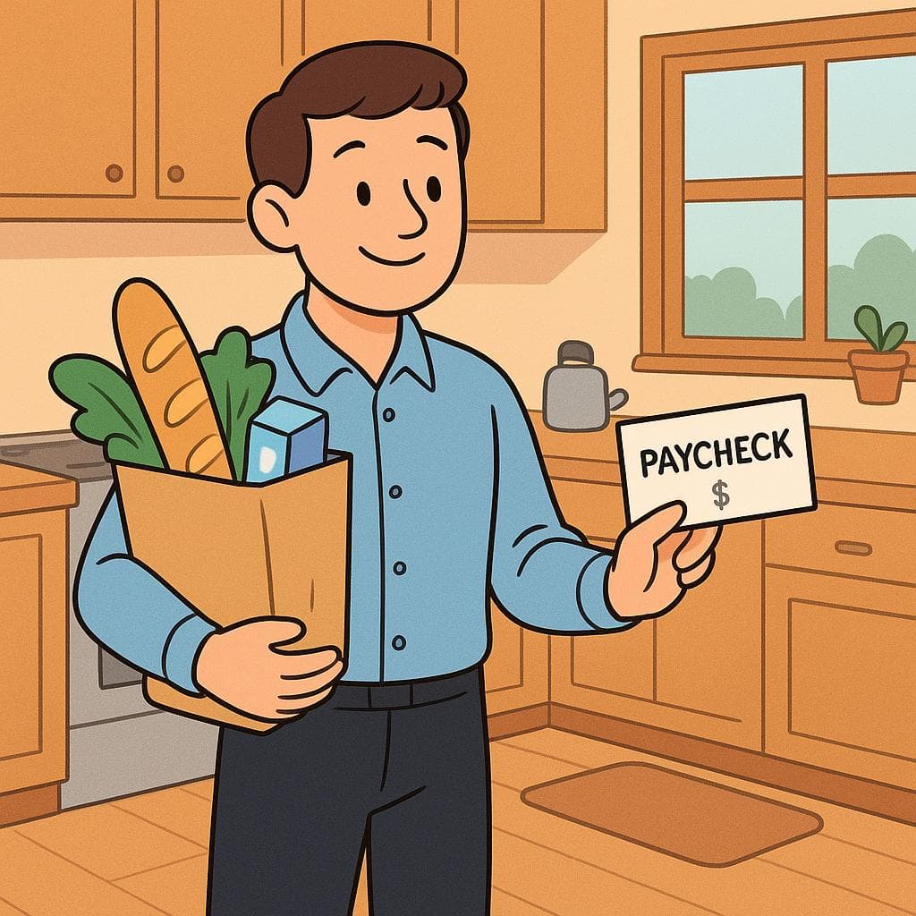 The actual meaning of 'parar la olla', showing a person looking relieved while holding groceries and a paycheck.